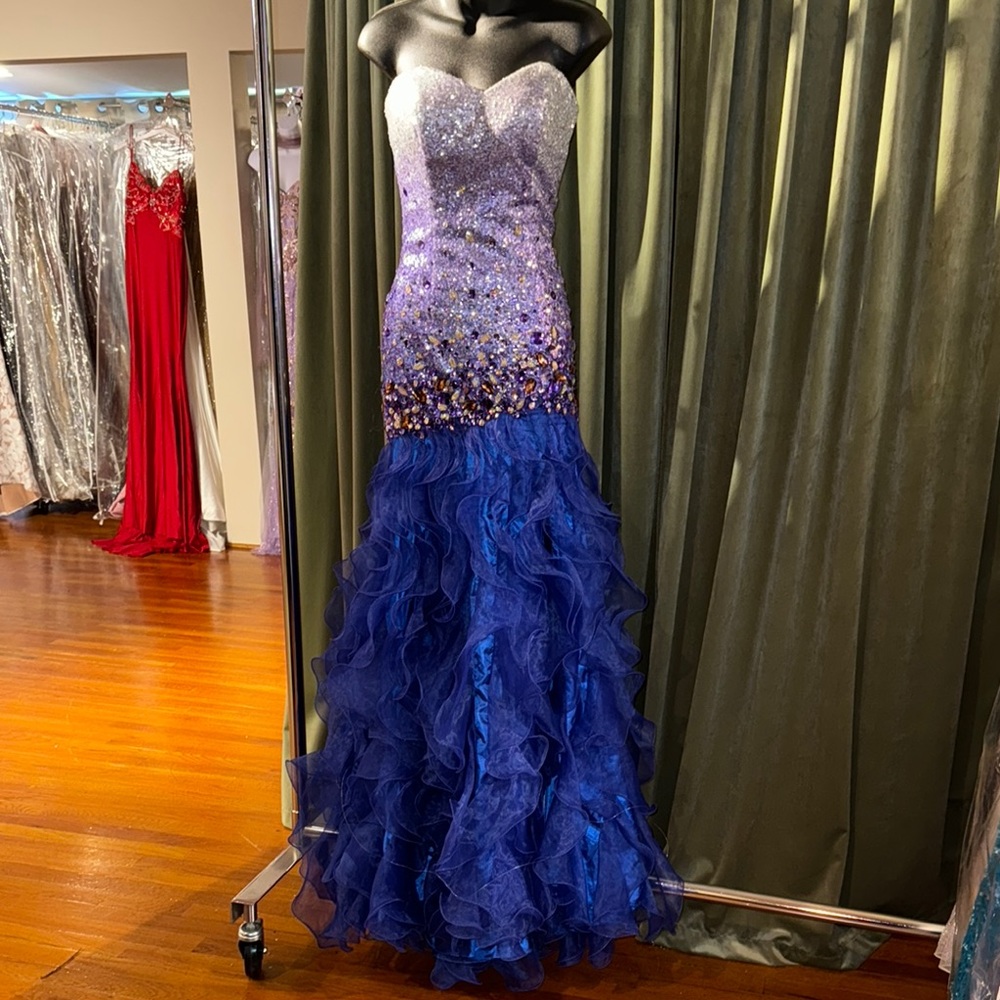 Indigo Strapless Sequin and Ruffle prom Gown - Picture 2 of 7